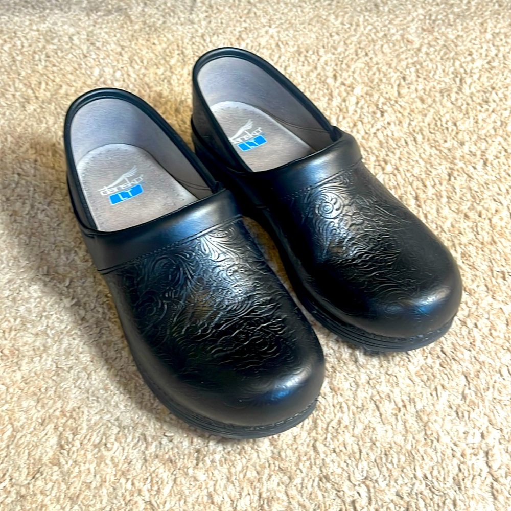 Tooled black leather Dansko LT clogs